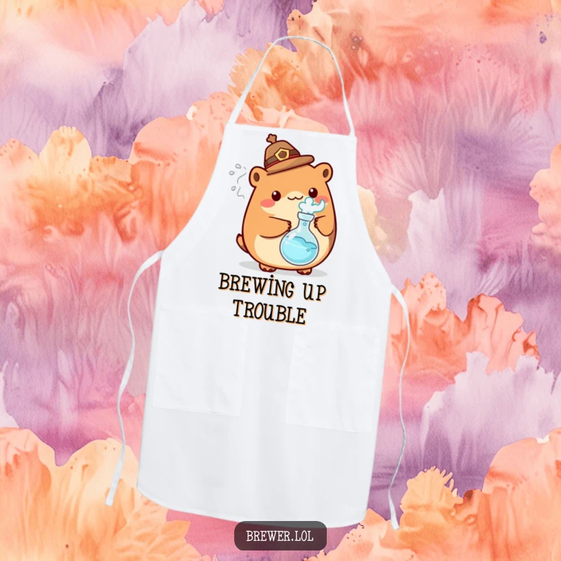 Funny mad scientist animal apron graphic, wearing a hat, holding a bubbling flask with energetic steam, ideal for kitchen humor.