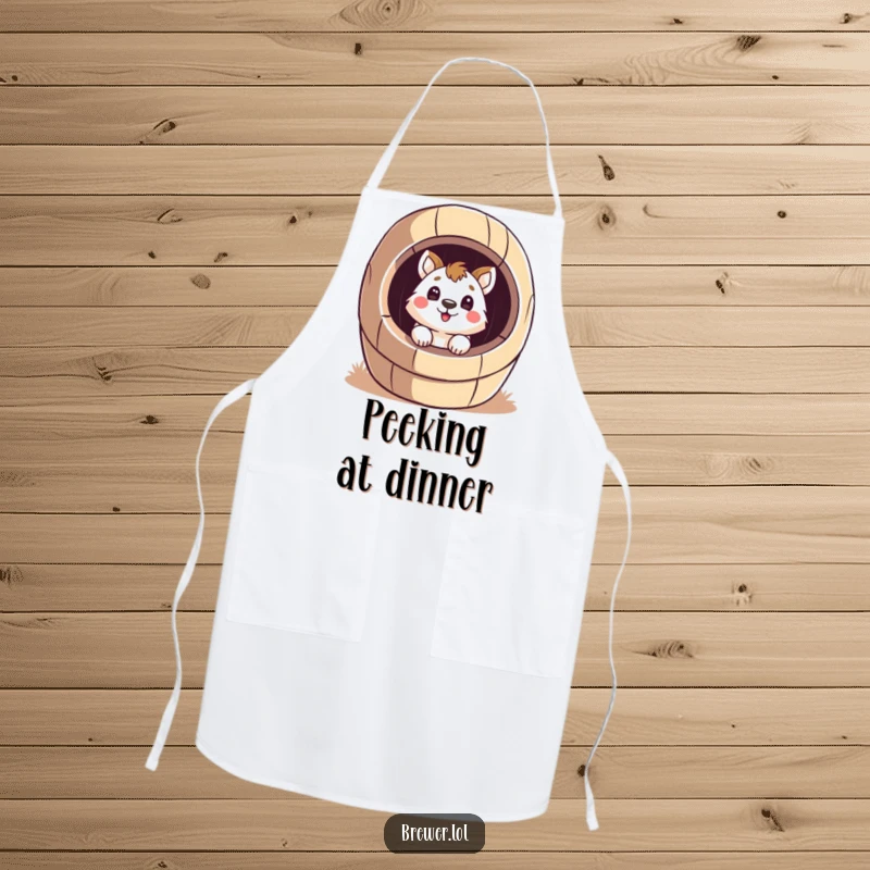 Funny surprised animal apron graphic, peeking inside a giant, stylized barrel with a surprised face, ideal for kitchen playfulness.