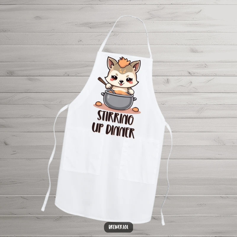 Funny determined animal apron graphic, with a focused expression, stirring a large, swirling pot, ideal for kitchen precision.