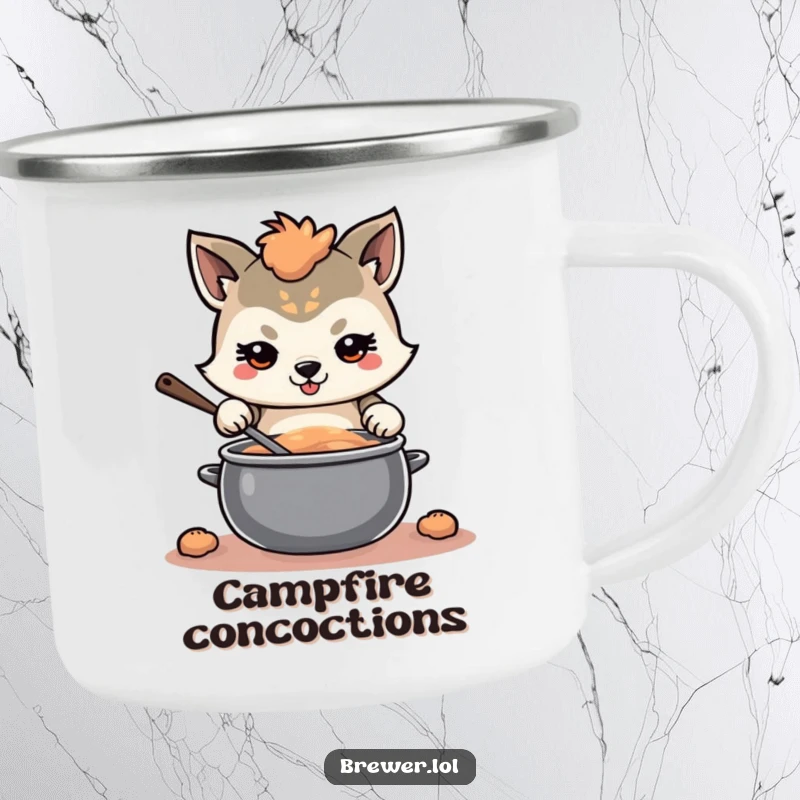 Funny determined animal camping mug, with a focused expression, stirring a large, swirling pot, perfect for outdoor focus.