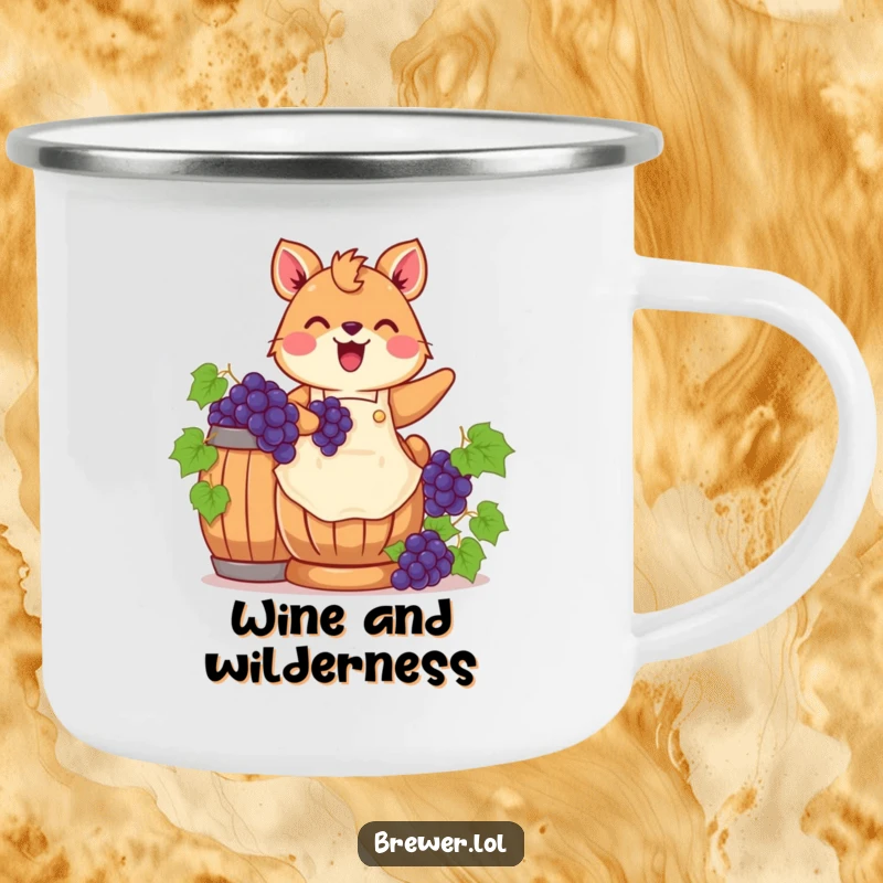 Funny grape stomping animal camping mug, wearing an apron, joyfully stomping grapes in a wooden barrel, ideal for outdoor enjoyment.