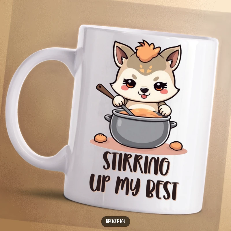 Funny determined animal with a focused expression, stirring a large, swirling pot, perfect for kitchen focus humor.
