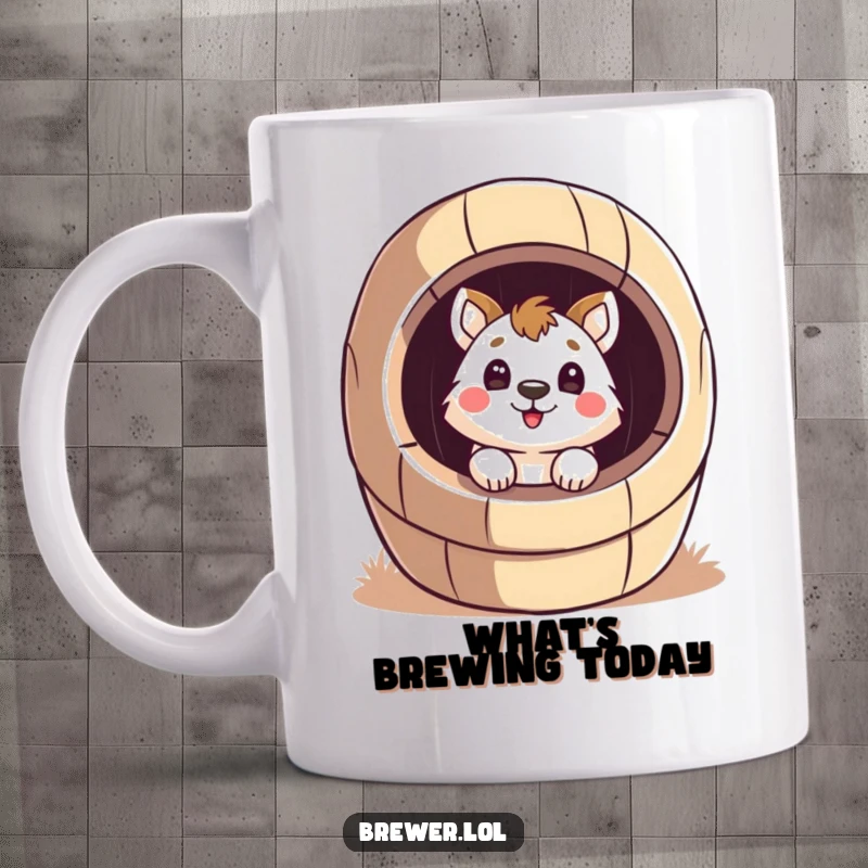 Funny playful animal peeking inside a giant, stylized barrel with a surprised face, perfect for playful humor.