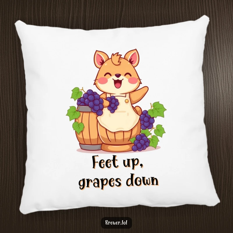 Funny grape stomping animal design on a decorative pillow, wearing an apron, joyfully stomping grapes, adding cheerful vibes.