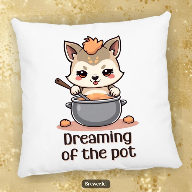Funny determined animal design on a decorative pillow, with a focused expression, stirring a large, swirling pot, offering comfort.