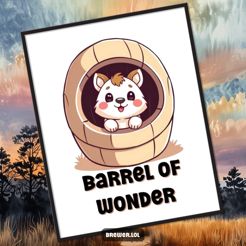 Funny surprised animal digital art, peeking inside a giant, stylized barrel with a surprised face, ideal for whimsical wall decor.