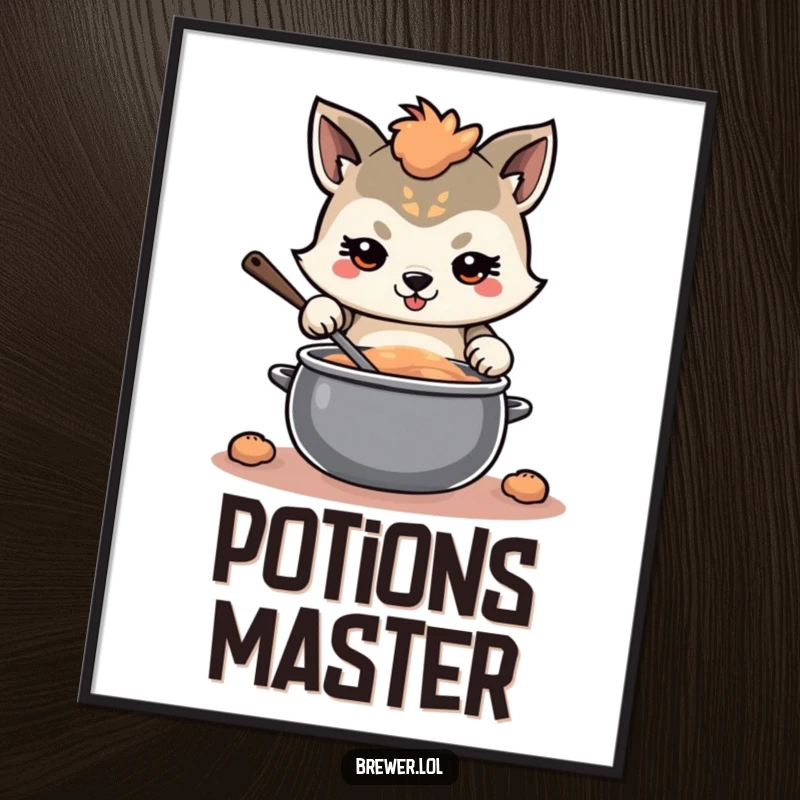 Funny determined animal digital art, with a focused expression, stirring a large, swirling pot, ideal for motivational wall decor.