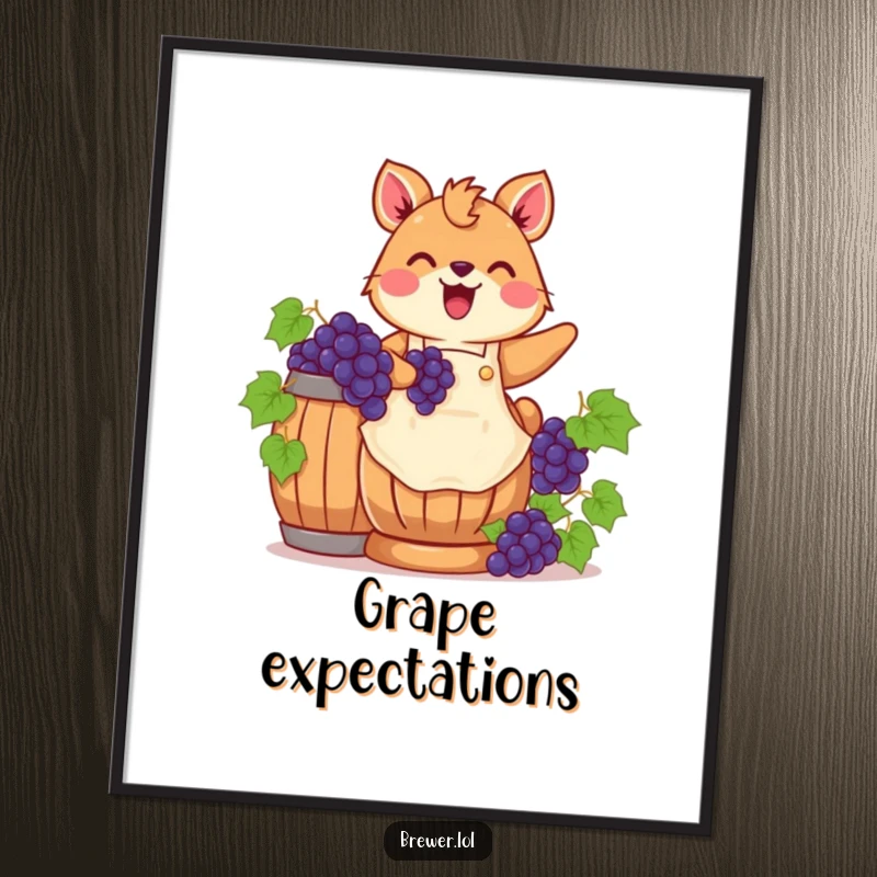 Funny grape stomping animal digital art, wearing an apron, joyfully stomping grapes in a wooden barrel, bringing harvest cheer.