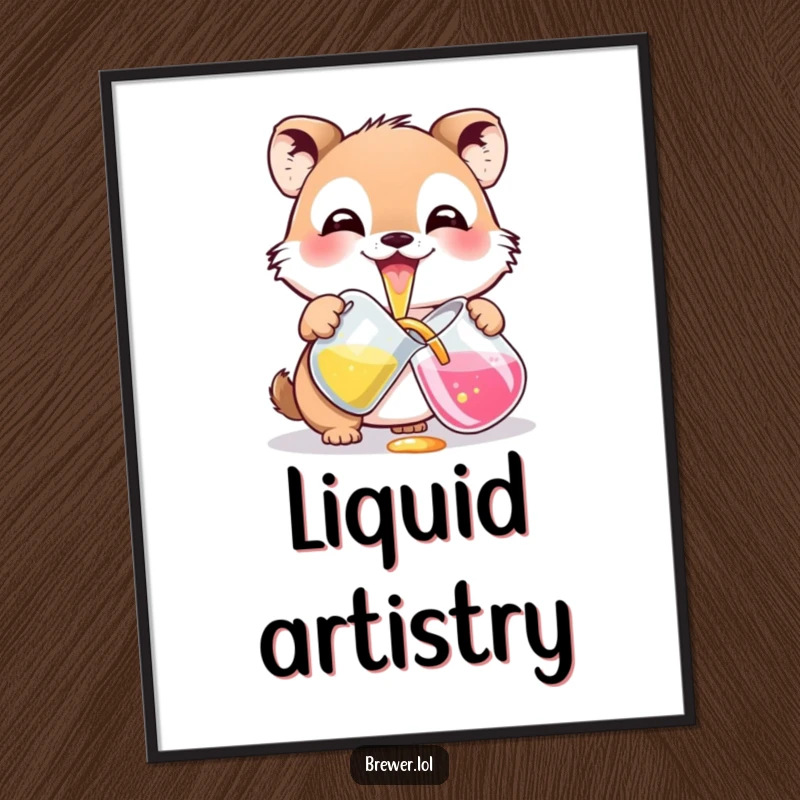 Funny potion pouring animal digital art, with a wide grin, carefully pouring colorful liquid from a pitcher, ideal for vibrant decor.
