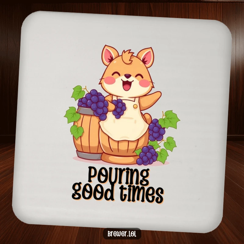 Funny grape stomping animal design on a drink coaster, wearing an apron, joyfully stomping grapes, adding festive flair.