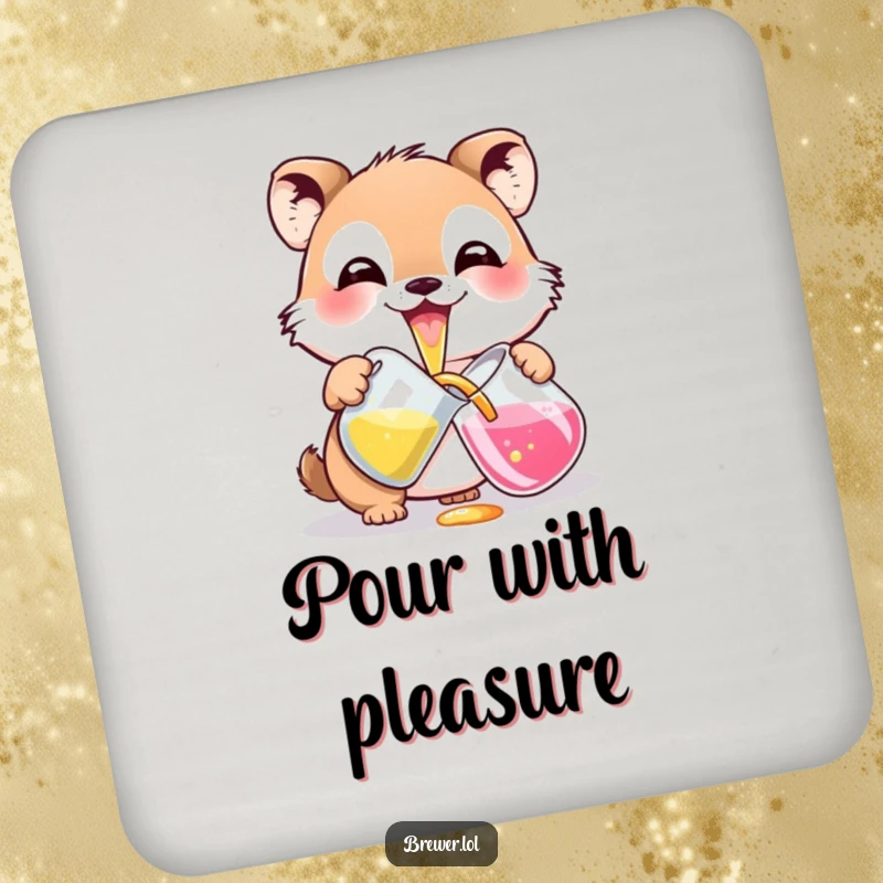 Funny potion pouring animal design on a drink coaster, with a wide grin, carefully pouring colorful liquid, adding artistic flair.