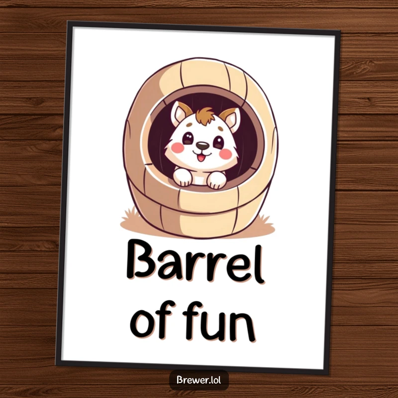 Funny surprised animal poster art, peeking inside a giant, stylized barrel with a surprised face, creating a whimsical wall piece.