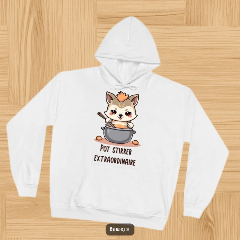 Funny determined animal graphic on a hoodie, with a focused expression, stirring a large, swirling pot, for cozy concentration.