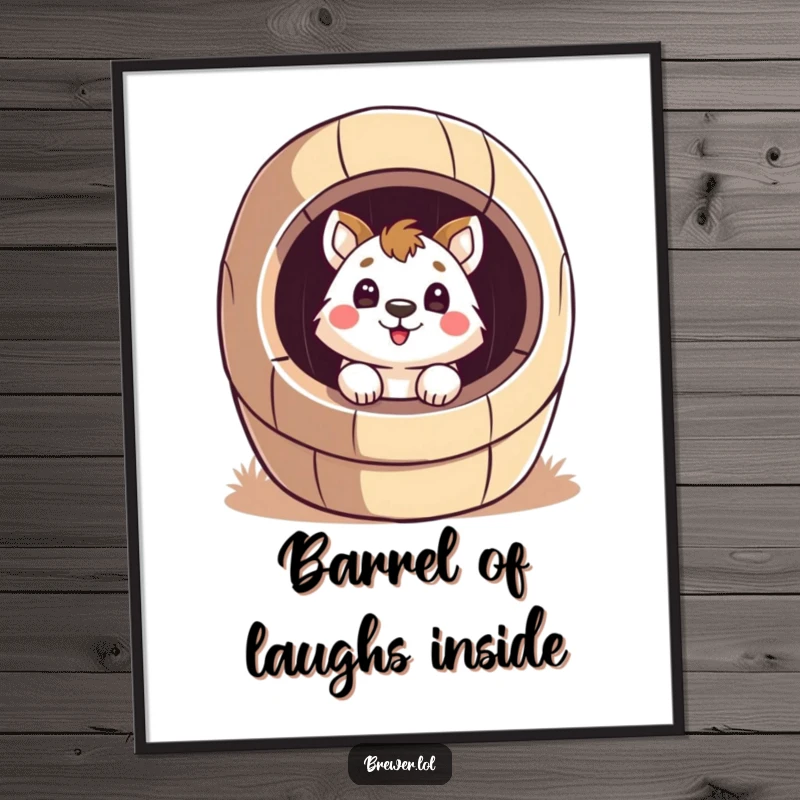 Funny Free Printable Wall Art: Playful animal peeks into a barrel, surprised, creating humorous downloadable art.