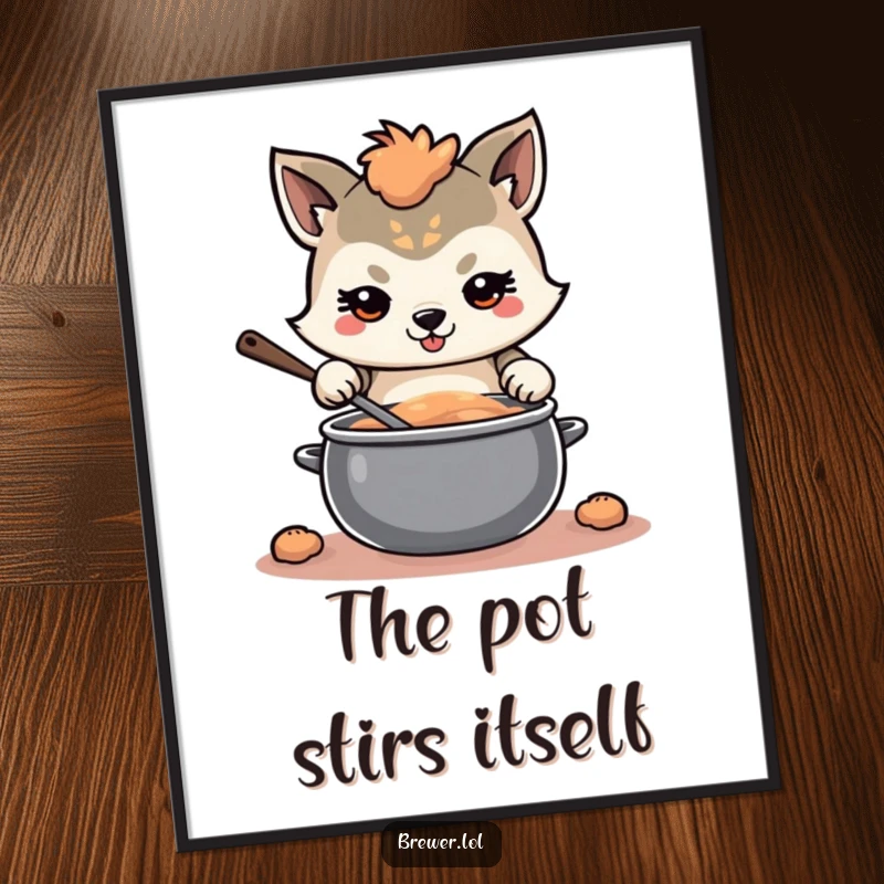 Funny Free Printable Wall Art: Determined animal stirs a swirling pot, humorous downloadable art for a focused vibe.