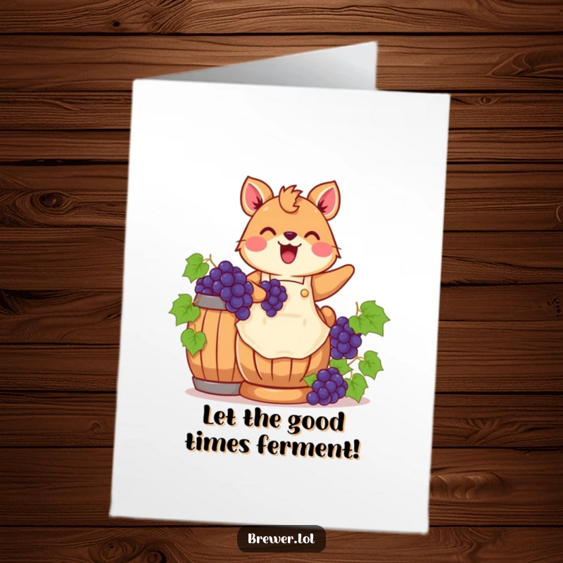 Funny Free Printable Birthday Card: Cheerful animal in apron stomps grapes, creating a joyful, humorous greeting.