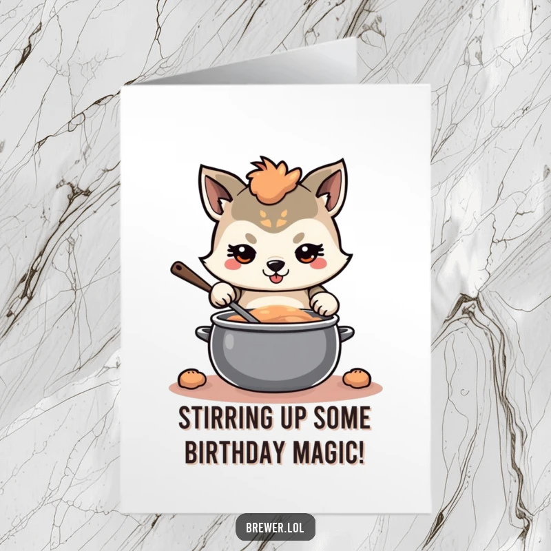 Funny Free Printable Birthday Card: Determined animal stirs a swirling pot, creating a focused, humorous greeting.