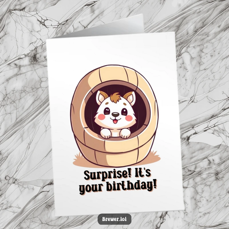 Funny Free Printable Birthday Card: Playful animal peeks into a barrel with a surprised face, creating a humorous greeting.