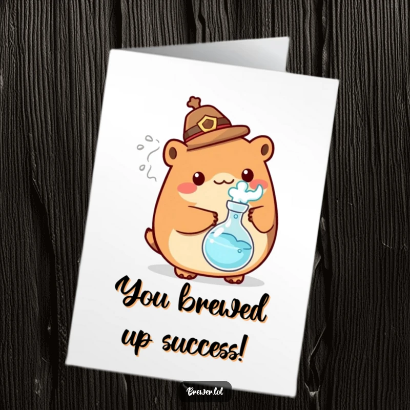 Free Printable Congrats Card: Mad scientist animal with flask celebrates an achievement, offering a humorous downloadable greeting.