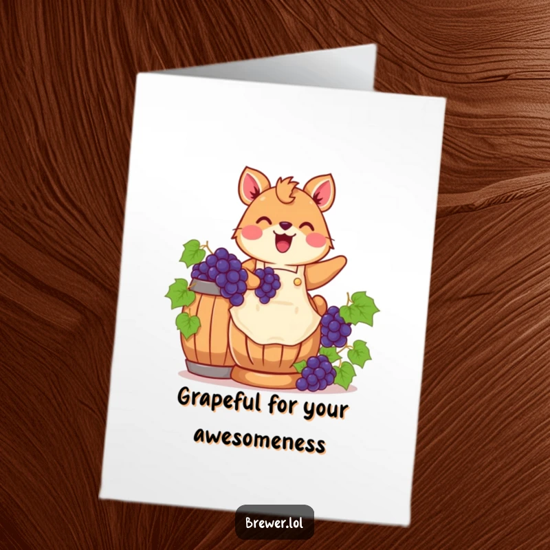 Funny Free Printable Thank You Card: Adorable animal stomping grapes celebrates gratitude with a joyful, humorous touch.