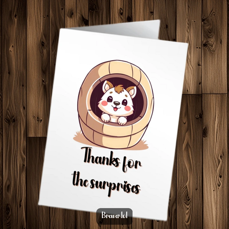 Funny Free Printable Thank You Card: Animal peeks into a barrel, surprised, conveying humorous thanks.