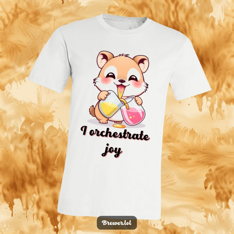 Funny potion pouring animal T-shirt design, with a wide grin, carefully pouring colorful liquid from a pitcher, showcasing creativity.