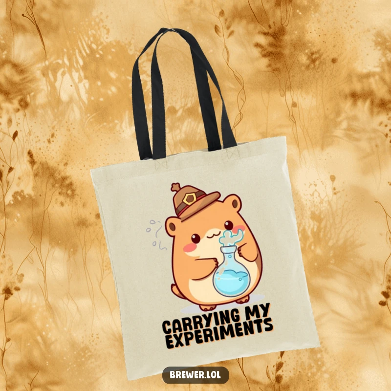 Funny mad scientist animal on a tote bag, holding a bubbling flask with energetic steam, showcasing a quirky and humorous personality.