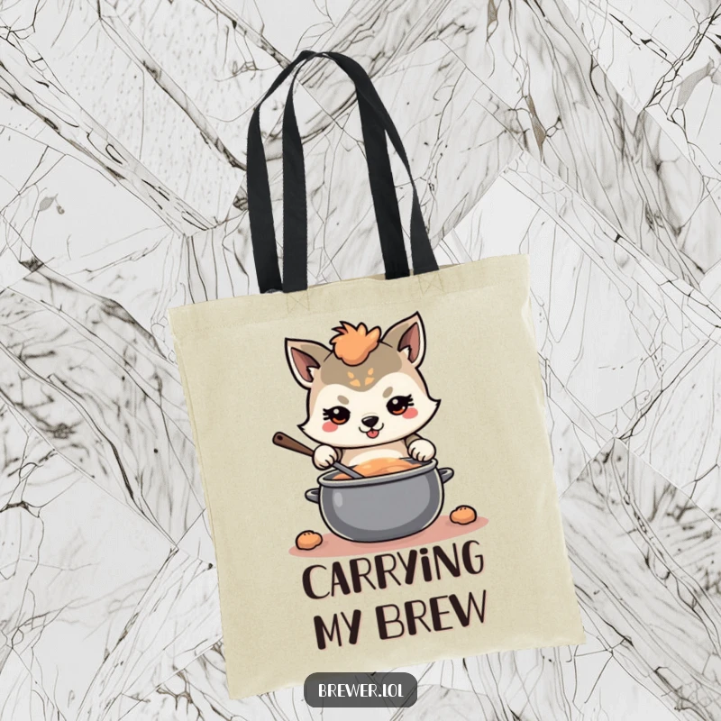 Funny determined animal on a tote bag, with a focused expression, stirring a large, swirling pot, representing purpose and drive.