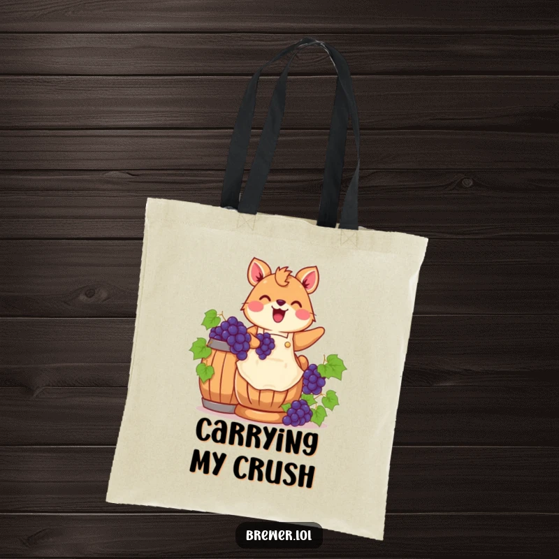 Funny grape stomping animal on a tote bag, wearing an apron, joyfully stomping grapes in a wooden barrel, bringing harvest vibes.